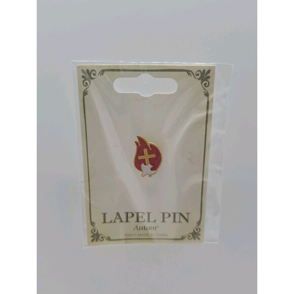 Religious Pin Red Flames Gold Cross White Dove Holy Spirit Auton 2013 Enamal - Picture 8 of 8